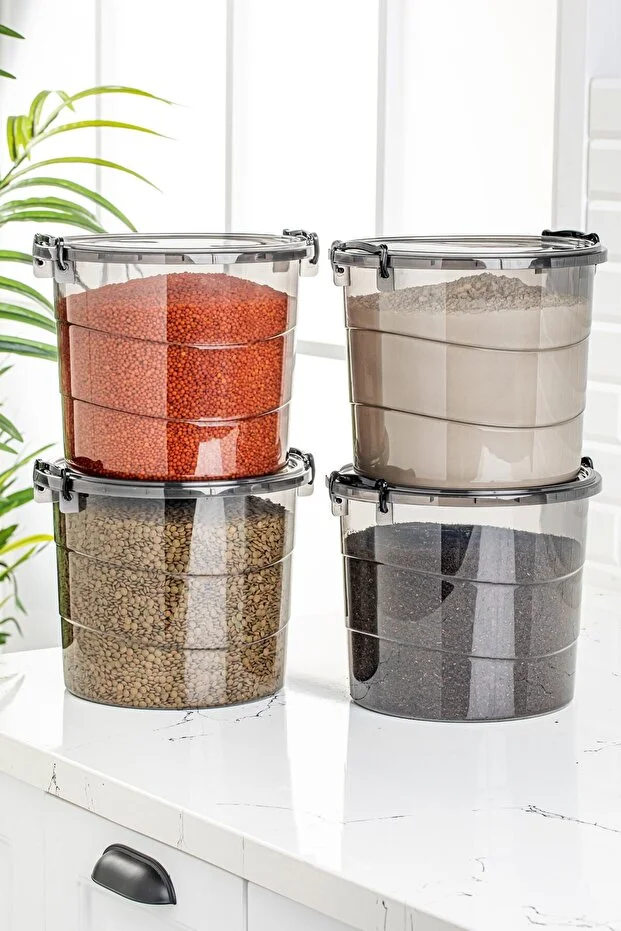 Mega Boy 4'lü Yuvarlak Un Bakliyat Kabı 7 Litre - Kulplu Deterjanlık Saklama Kutusu Kabı Antrasit